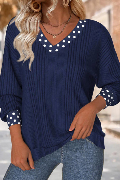 Polka Dot Trim V-Neck Ribbed Top
