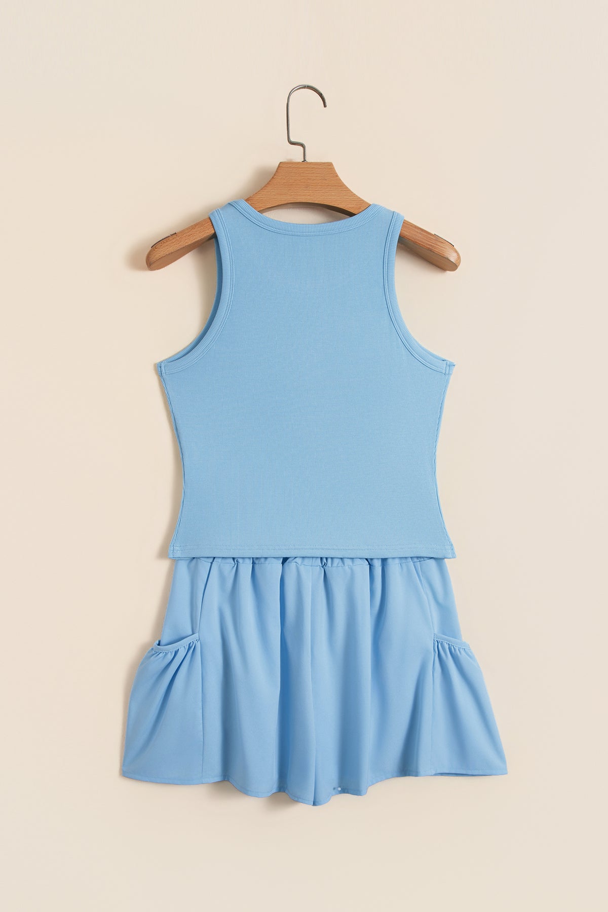 Dark Blue Ribbed Slim Tank Pocketed Wide Leg Shorts Set
