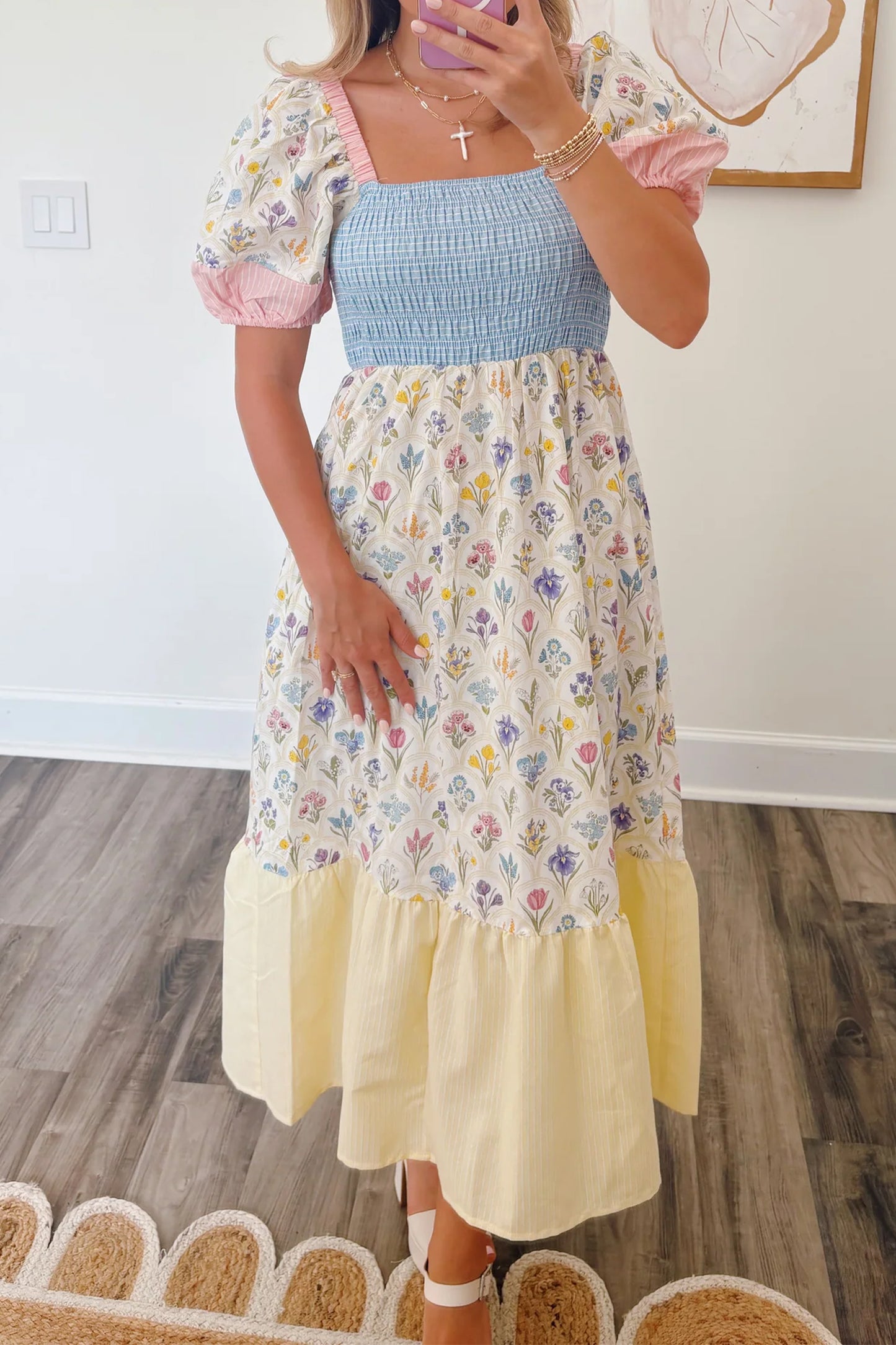 Floral Patchwork Shirred Maxi Dress