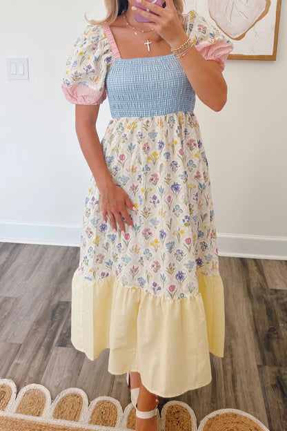 Floral Patchwork Shirred Maxi Dress