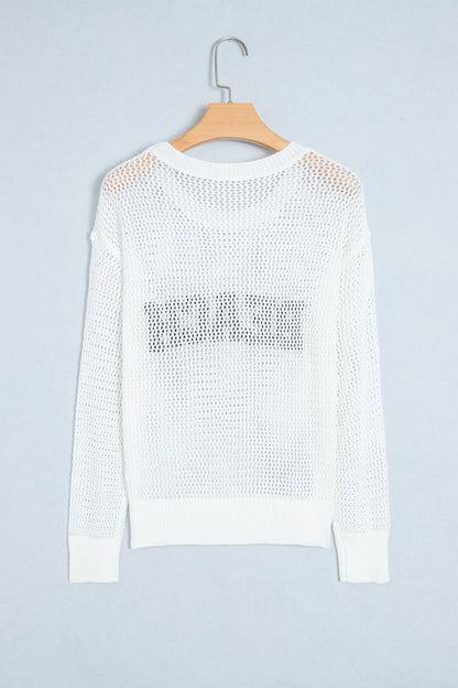 White Chenille BEACH Lettering Hollow Out Knit Casual Sweater