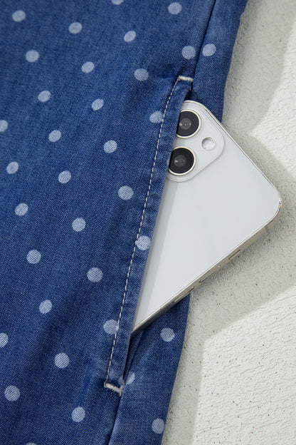 Blue Polka Dot Ruffle Hem Sleeveless Denim Mini Dress