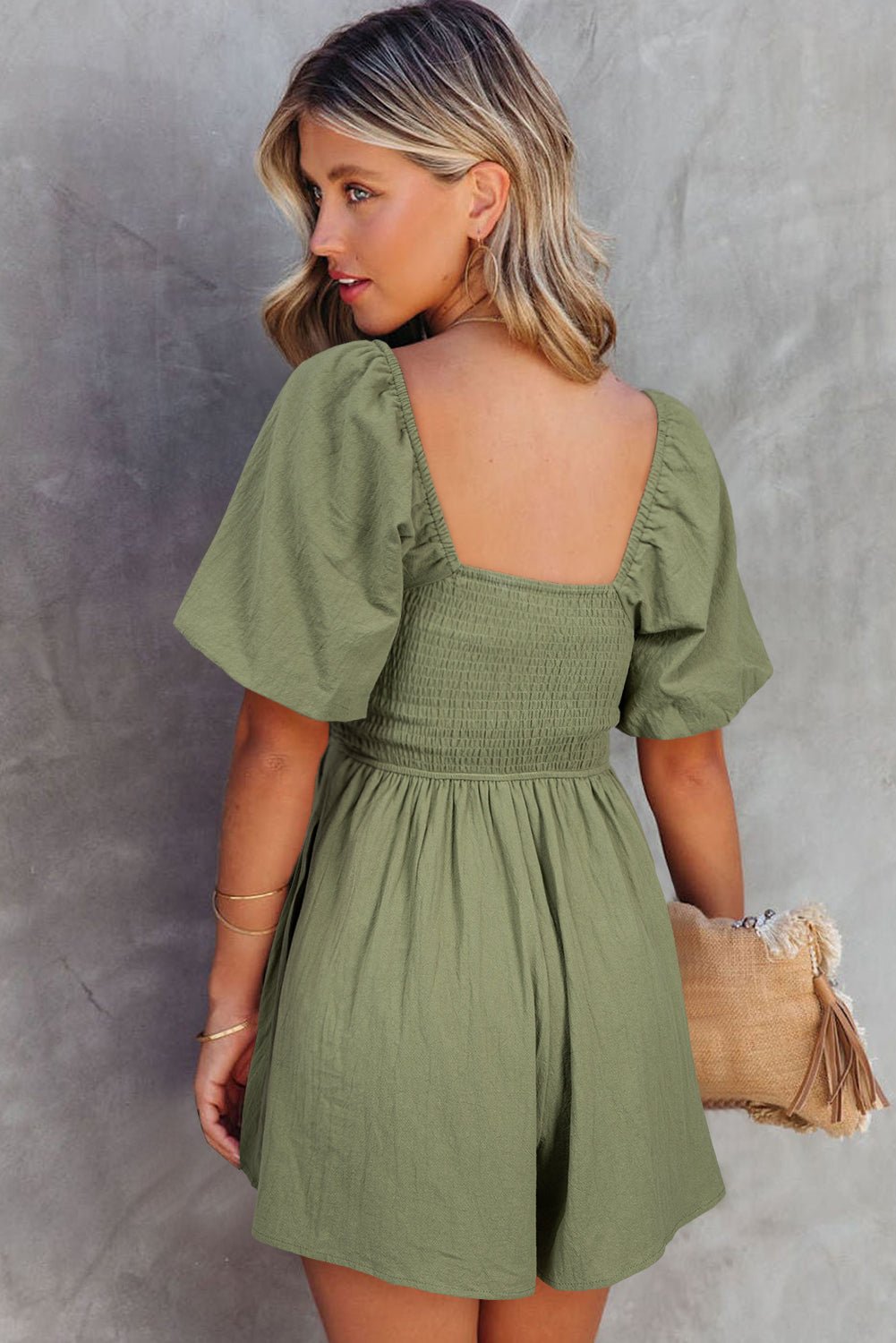 Ruched Puff Sleeve Romper