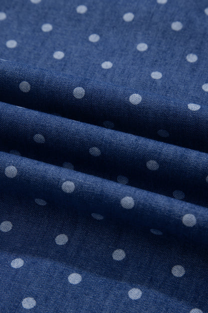 Blue Polka Dot Ruffle Hem Sleeveless Denim Mini Dress