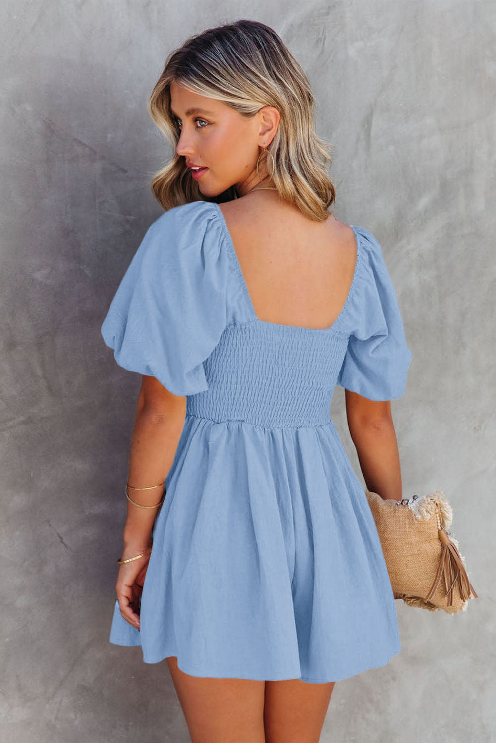 Ruched Puff Sleeve Romper