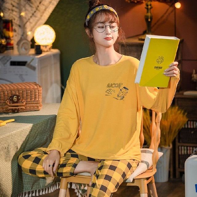 Cute Cartoon Print Long-Sleeved Women's Pajama Set