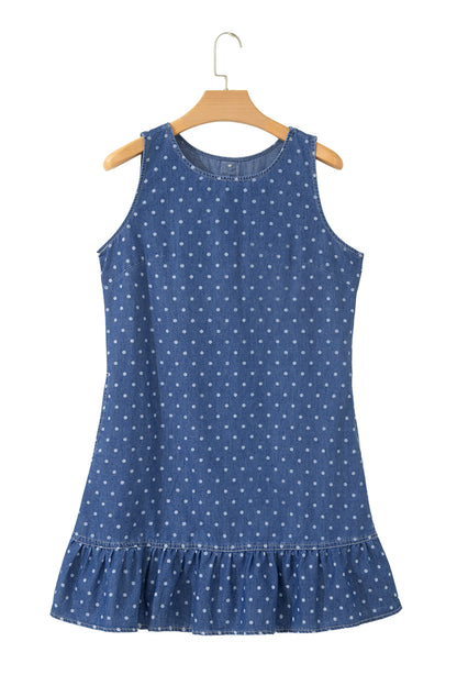 Blue Polka Dot Ruffle Hem Sleeveless Denim Mini Dress