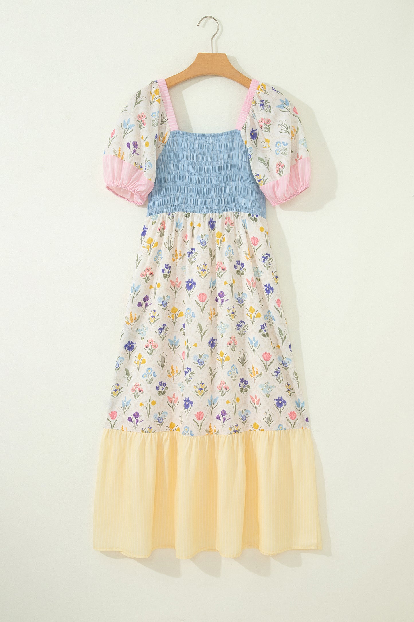 Floral Patchwork Shirred Maxi Dress