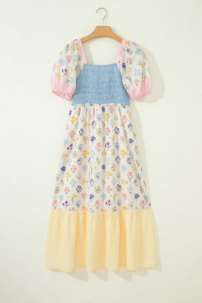 Floral Patchwork Shirred Maxi Dress