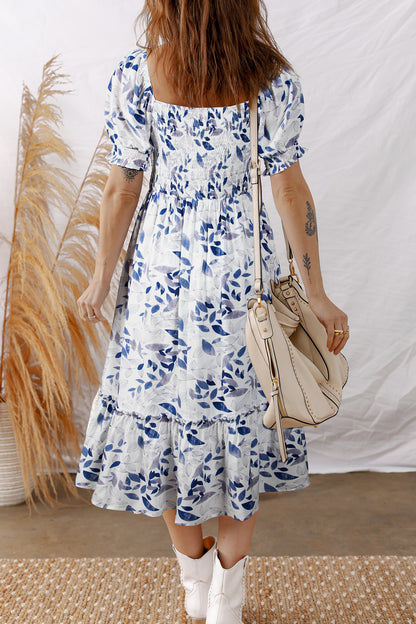Sky Blue Smocked Bodice Short Puff Sleeve Tiered Floral Midi Dress