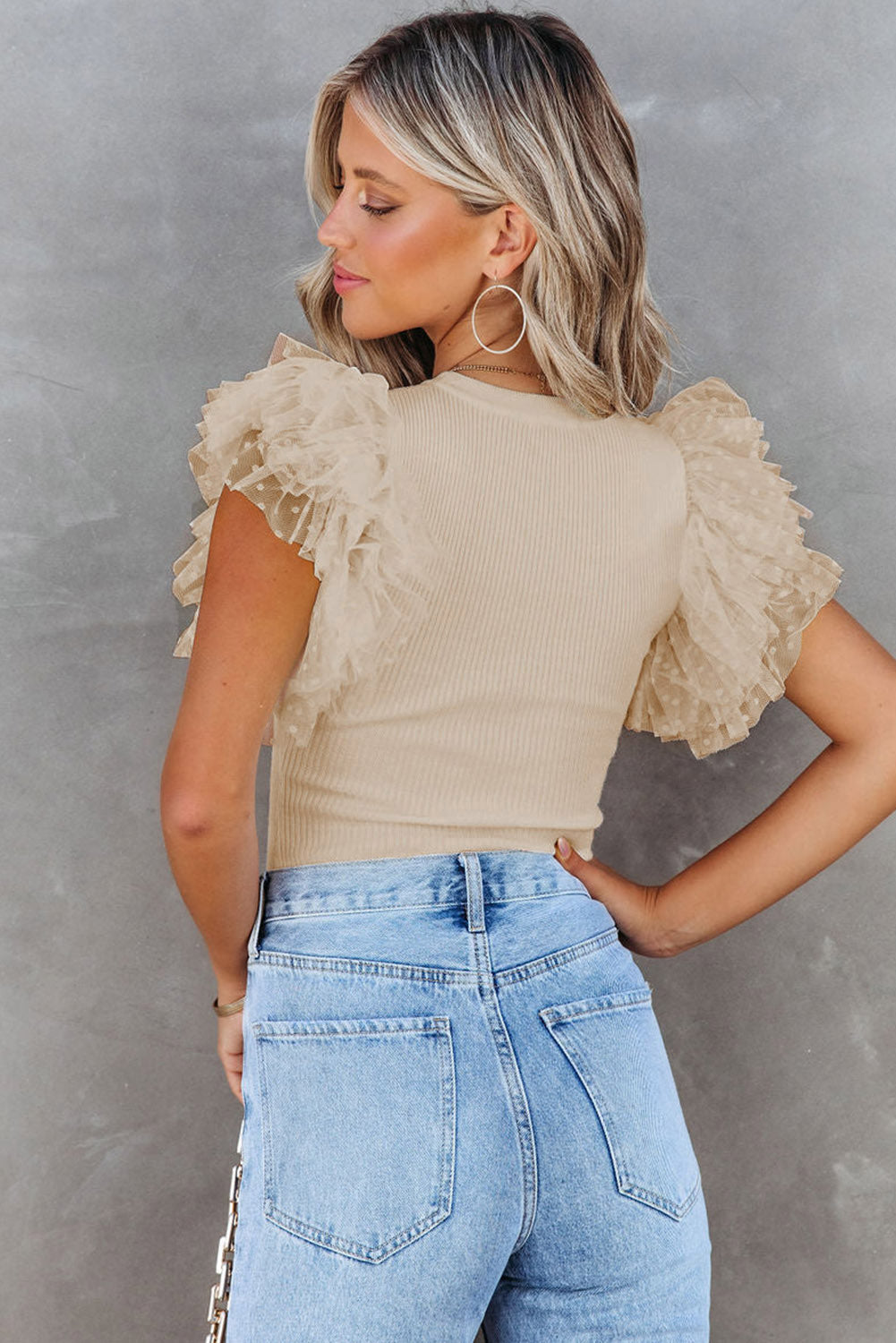 Mesh Ruffle Sleeve Ribbed Top