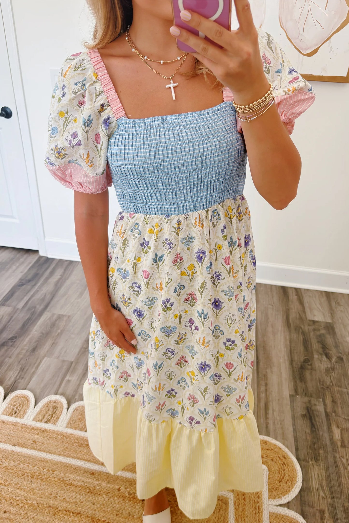Floral Patchwork Shirred Maxi Dress