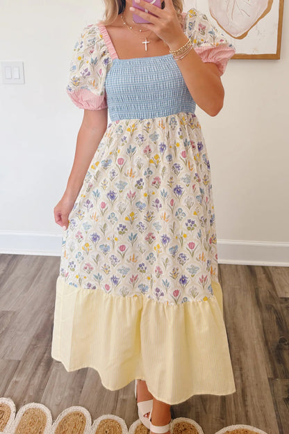 Floral Patchwork Shirred Maxi Dress