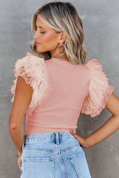 Mesh Ruffle Sleeve Ribbed Top