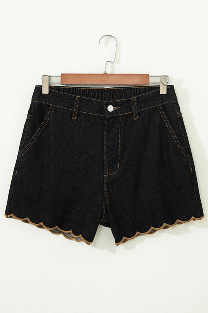 Navy Blue Embroidered Scalloped Trim Relaxed Denim Shorts