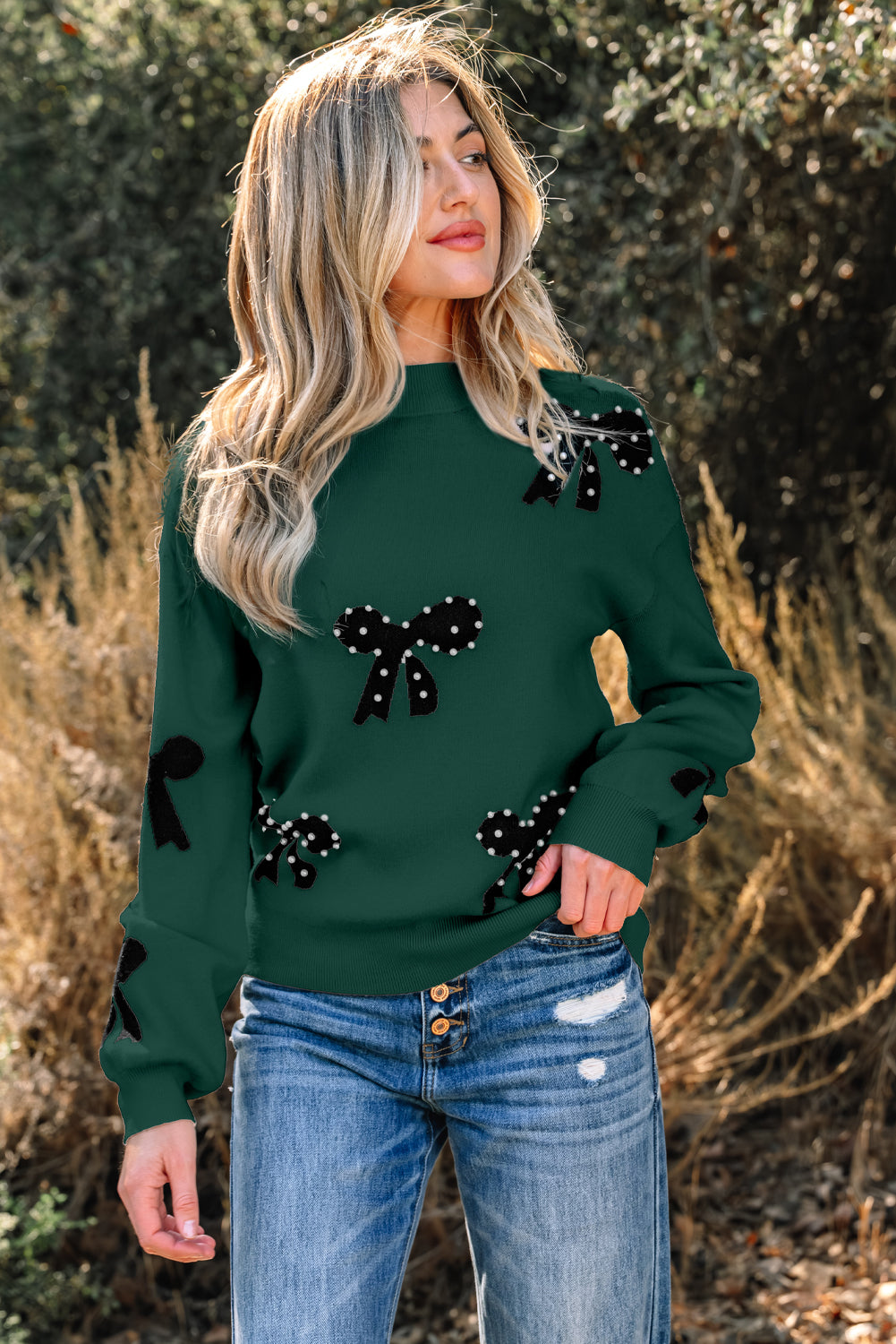 Bright Pink Pearl Embellished Bow Pattern Loose Sweater
