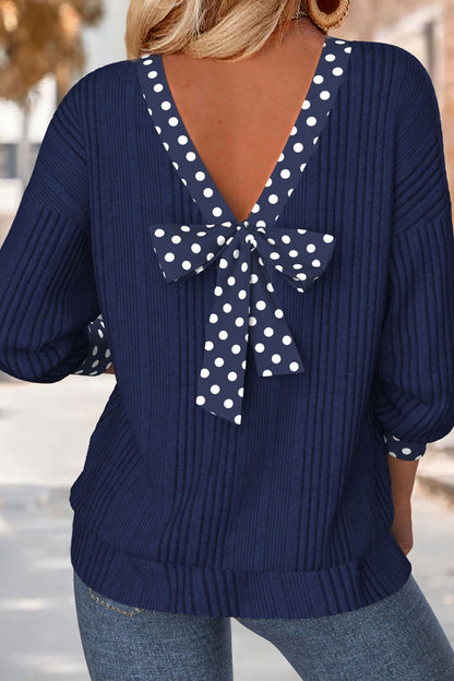 Polka Dot Trim V-Neck Ribbed Top