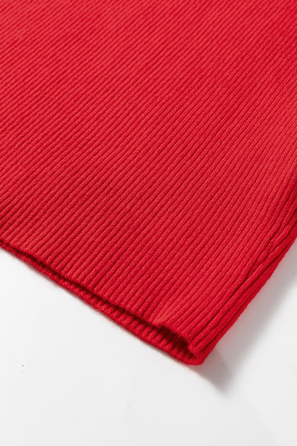 Fiery Red Sequin Sleeve Patchwork Ribbing Knit Square Neck Holiday Sweater