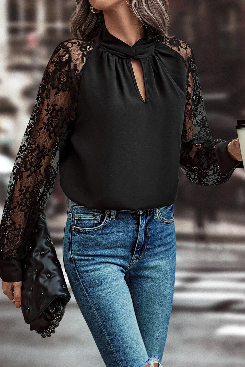 Lace Sleeve Keyhole Blouse