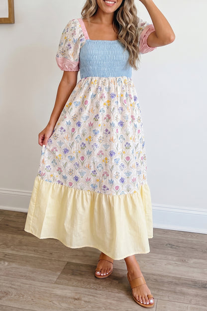 Floral Patchwork Shirred Maxi Dress