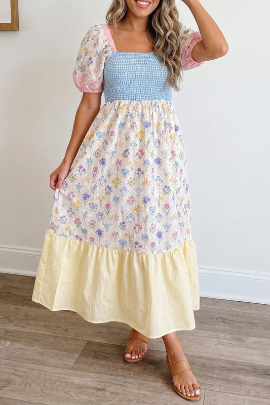 Floral Patchwork Shirred Maxi Dress