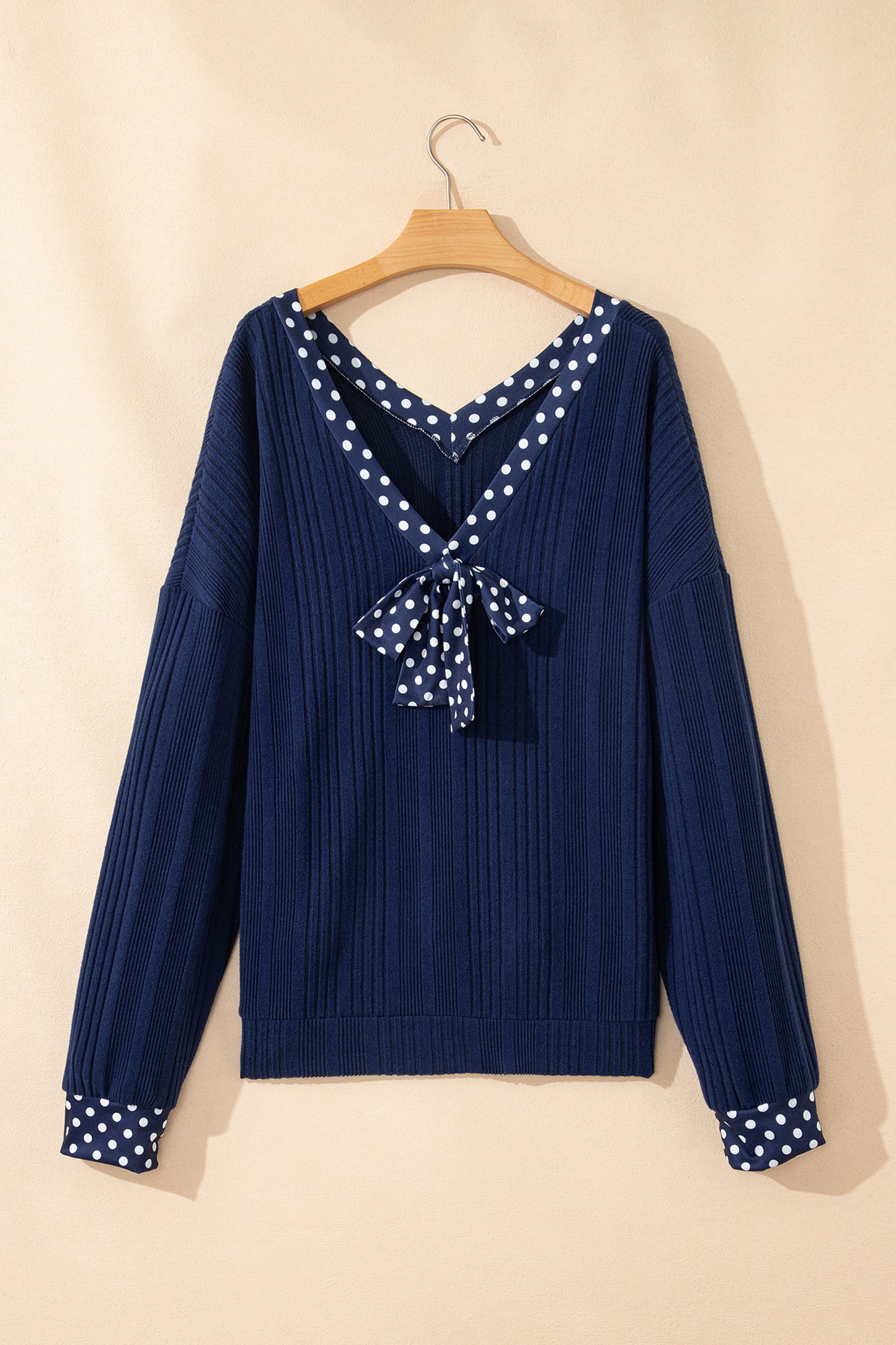 Polka Dot Trim V-Neck Ribbed Top