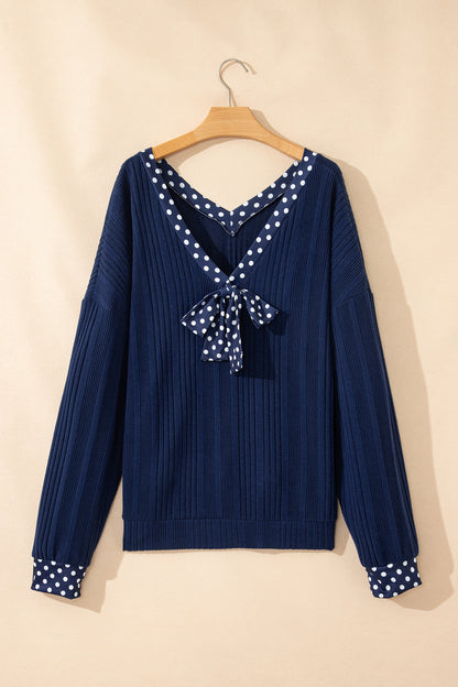 Polka Dot Trim V-Neck Ribbed Top
