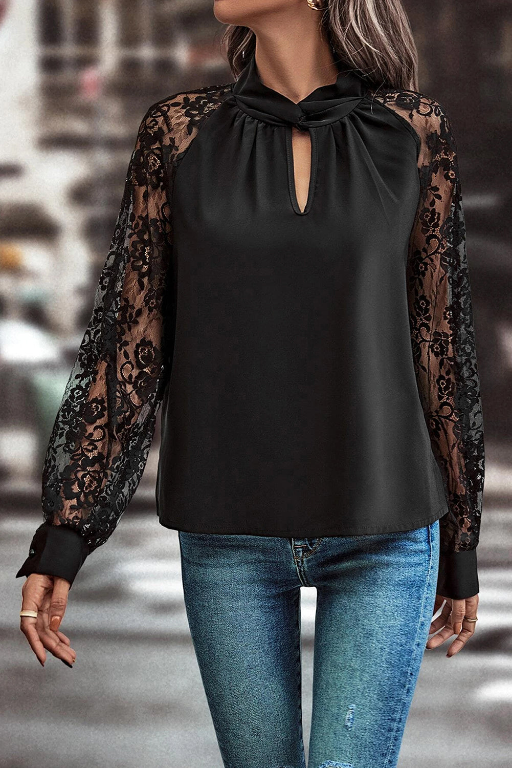 Lace Sleeve Keyhole Blouse
