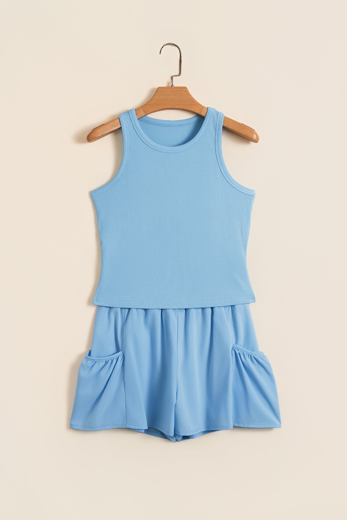 Dark Blue Ribbed Slim Tank Pocketed Wide Leg Shorts Set