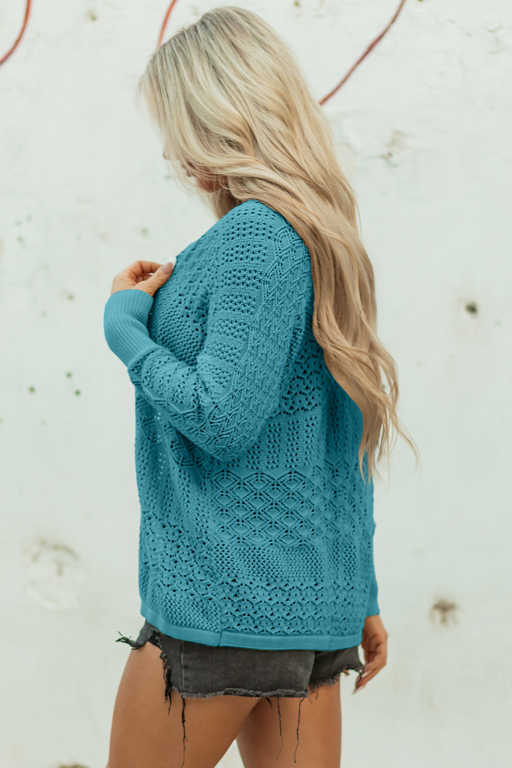 Jet Stream Mix Pattern Hollowed Knit Open Front Cardigan