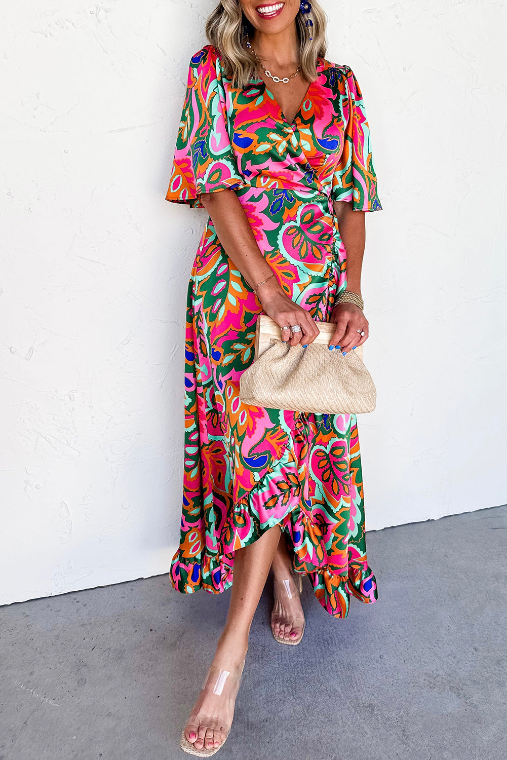 Rose Summer Plant Print Surpliced V Neck Ruffled Asymmetric Slit Wide Short Sleeve Maxi Dress