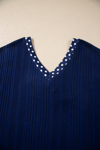 Polka Dot Trim V-Neck Ribbed Top