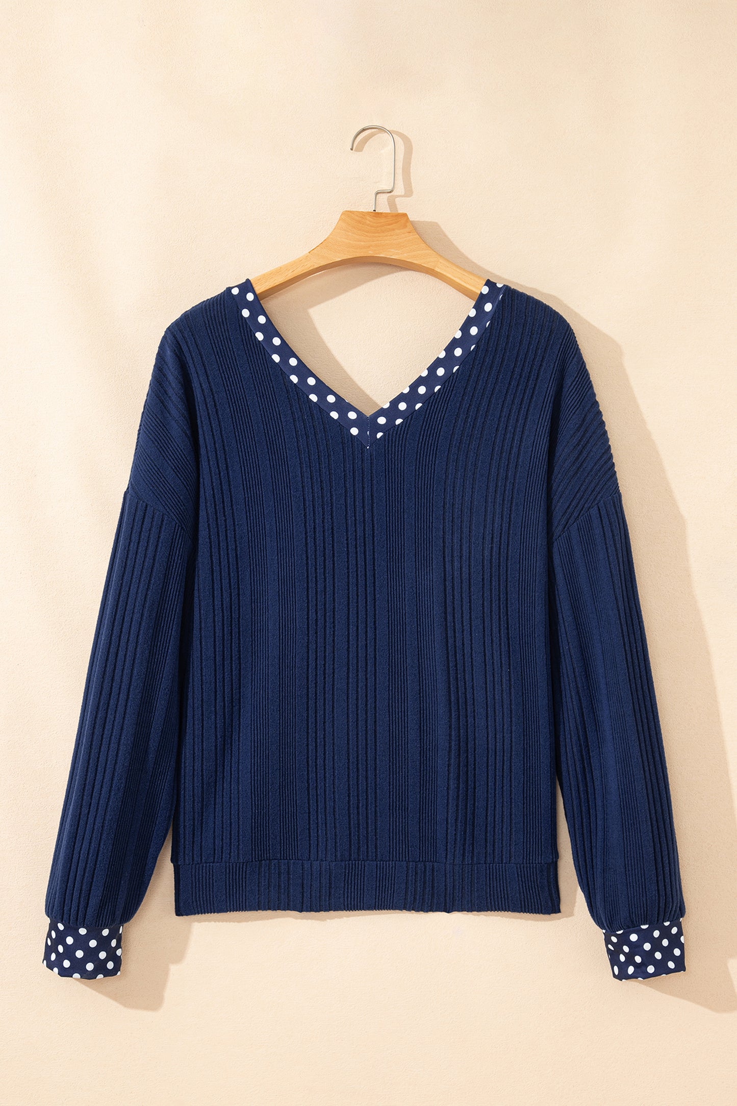 Polka Dot Trim V-Neck Ribbed Top
