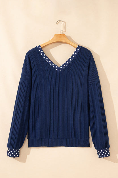 Polka Dot Trim V-Neck Ribbed Top