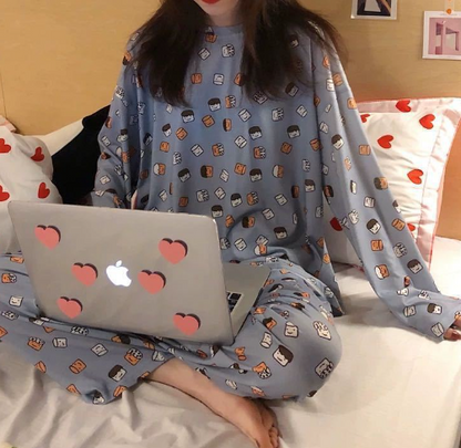 Women's Long Sleeve Pajama Set with Cute Cartoon Design