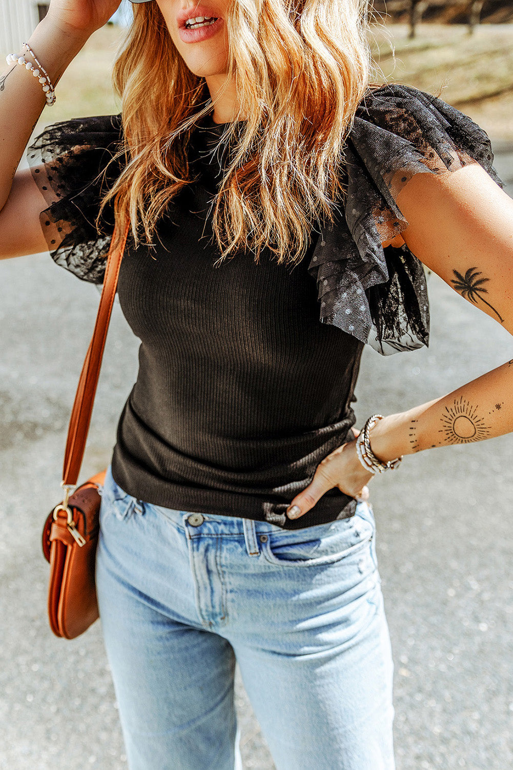 Mesh Ruffle Sleeve Ribbed Top