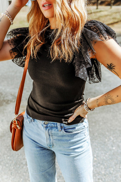 Mesh Ruffle Sleeve Ribbed Top