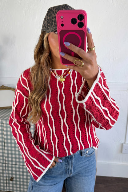 Khaki Wavy Detail Hollow Out Knit Long Sleeve Cotton Pullover Sweater