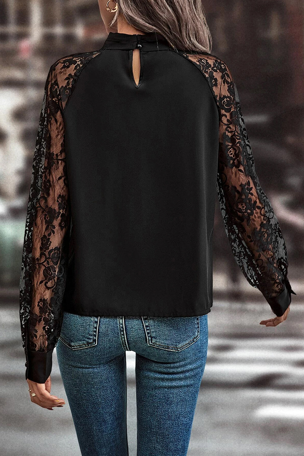 Lace Sleeve Keyhole Blouse