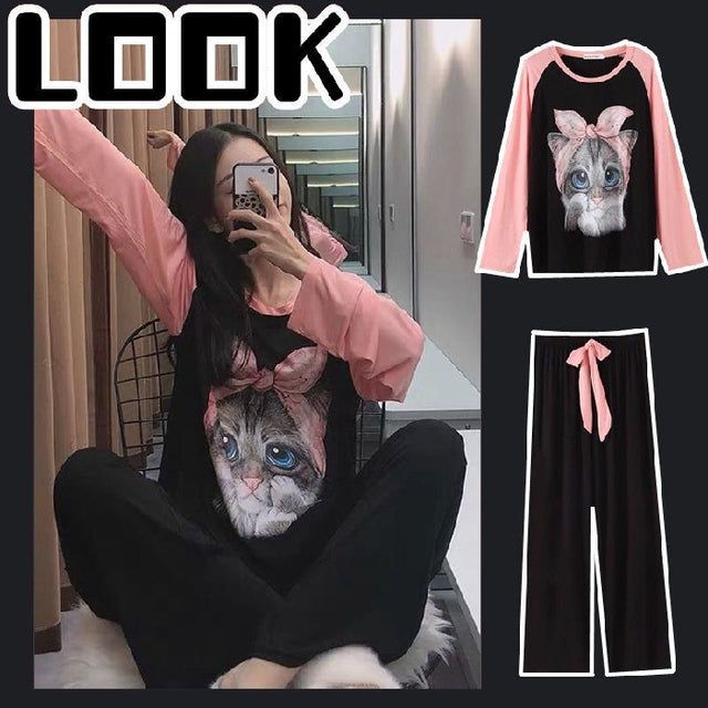 Cute Cartoon Print Long-Sleeved Women's Pajama Set