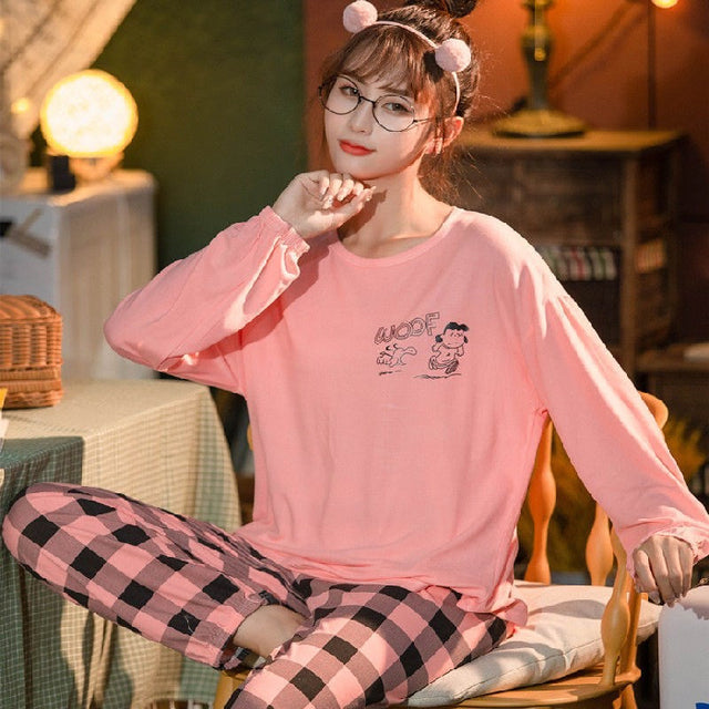 Cute Cartoon Print Long-Sleeved Women's Pajama Set