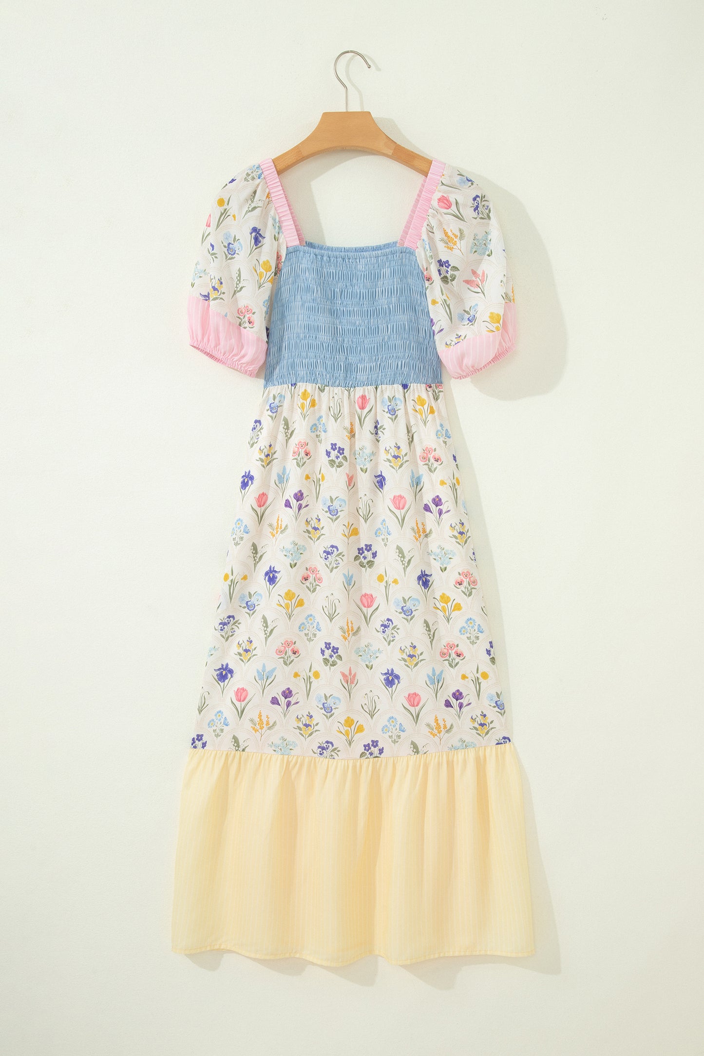 Floral Patchwork Shirred Maxi Dress